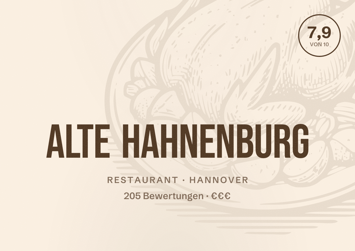 Illustriertes Poster von Alte Hahnenburg, Restaurant in Hannover: Bewertung 7,9 von 10 aus 205 Bewertungen, Preisniveau €€€