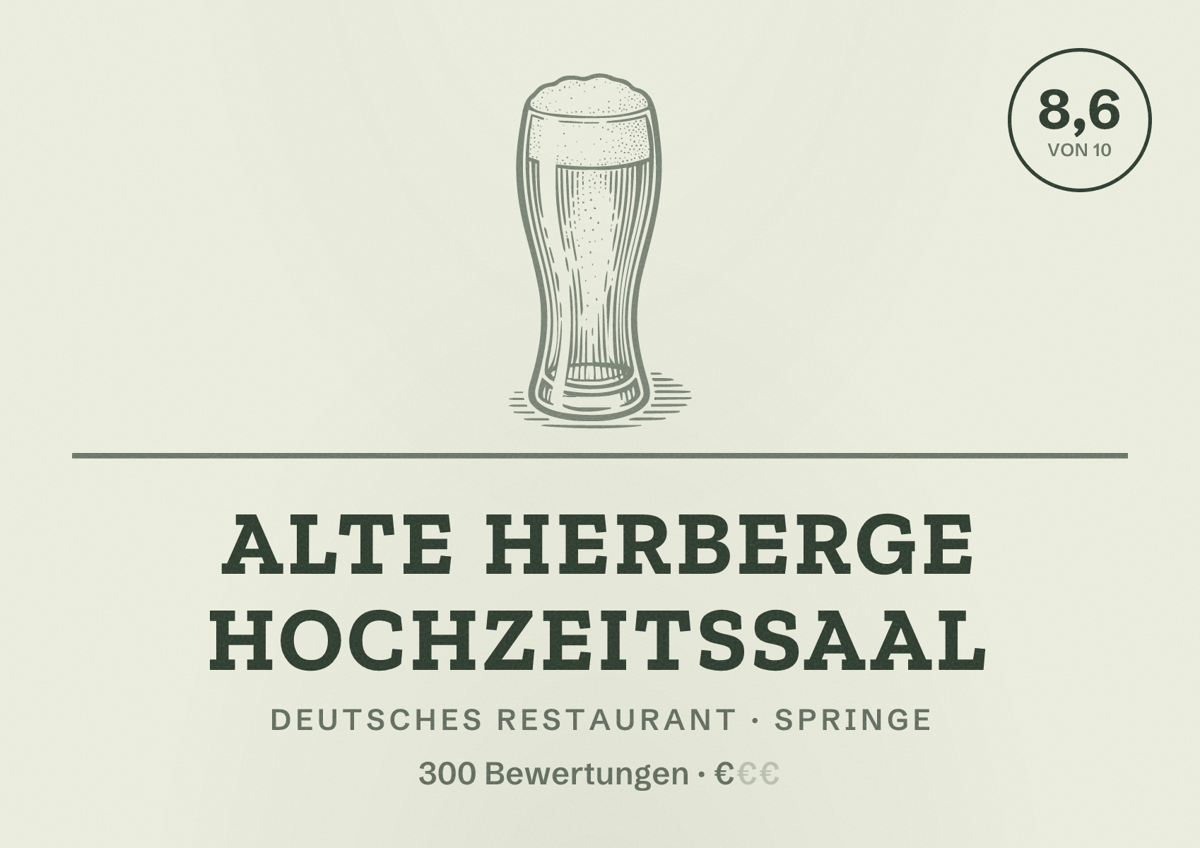 Illustriertes Poster von Alte Herberge Hochzeitssaal, Deutsches Restaurant in Springe: Bewertung 8,6 von 10 aus 300 Bewertungen, Preisniveau €