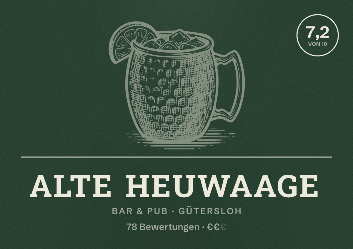 Illustriertes Poster von Alte Heuwaage, Bar & Pub in Gütersloh: Bewertung 7,2 von 10 aus 78 Bewertungen, Preisniveau €€