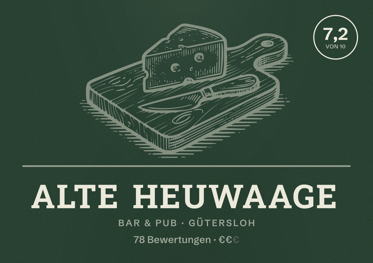 Illustriertes Poster von Alte Heuwaage, Bar & Pub in Gütersloh: Bewertung 7,2 von 10 aus 78 Bewertungen, Preisniveau €€