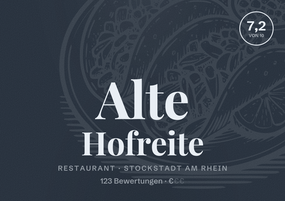 Illustriertes Poster von Alte Hofreite, Restaurant in Stockstadt am Rhein: Bewertung 7,2 von 10 aus 123 Bewertungen, Preisniveau €