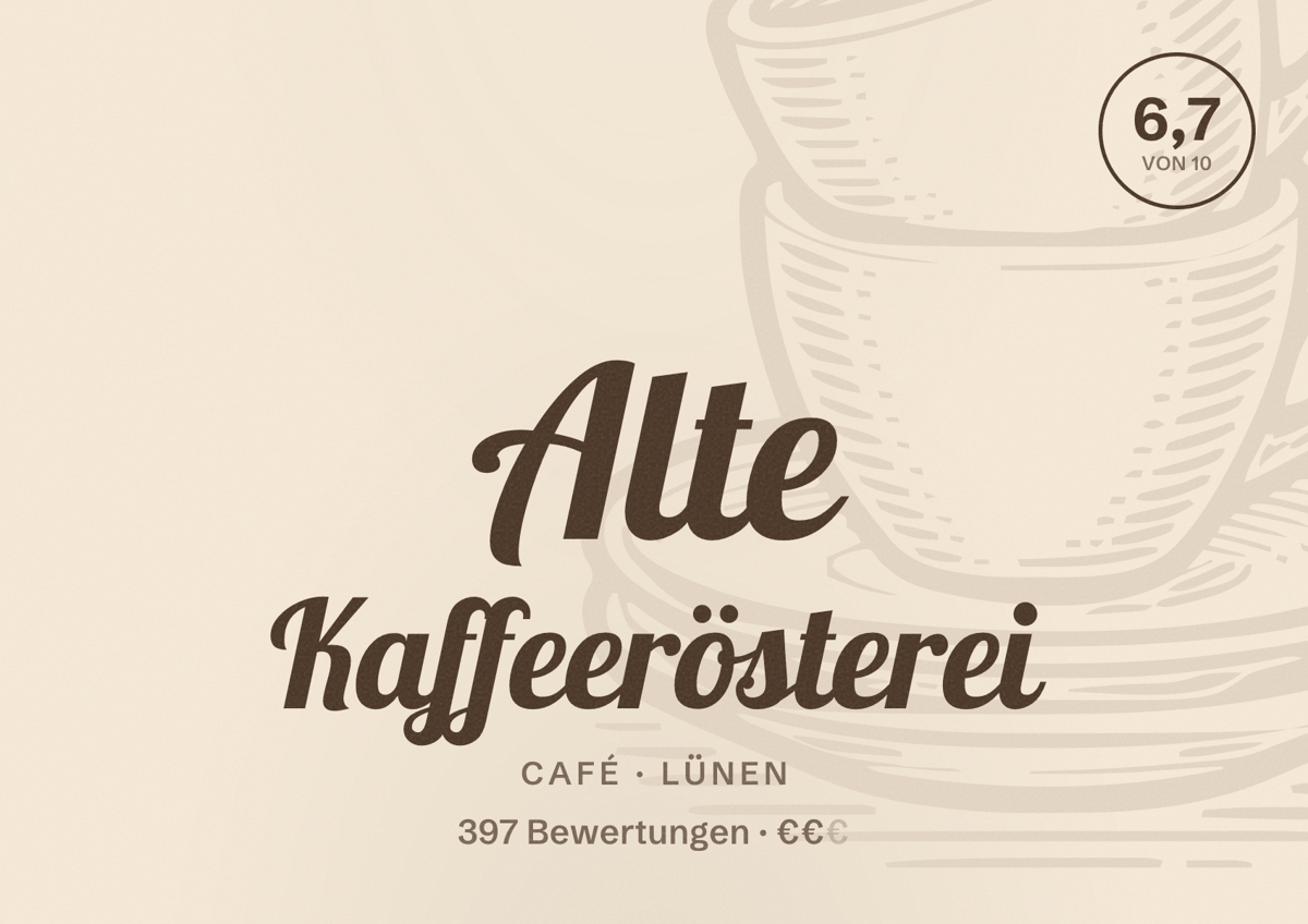Illustriertes Poster von Alte Kaffeerösterei, Café in Lünen: Bewertung 6,7 von 10 aus 397 Bewertungen, Preisniveau €€