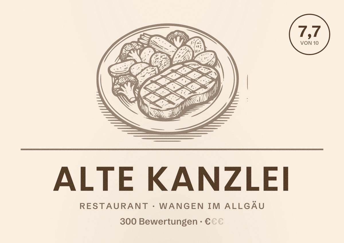 Illustriertes Poster von Alte Kanzlei, Restaurant in Wangen im Allgäu: Bewertung 7,7 von 10 aus 300 Bewertungen, Preisniveau €