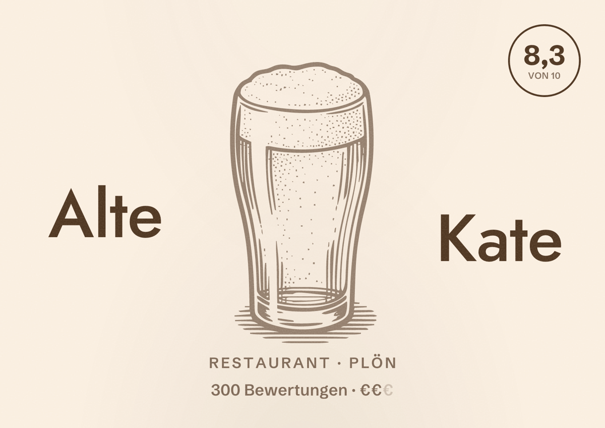 Illustriertes Poster von Alte Kate, Restaurant in Plön: Bewertung 8,3 von 10 aus 300 Bewertungen, Preisniveau €€