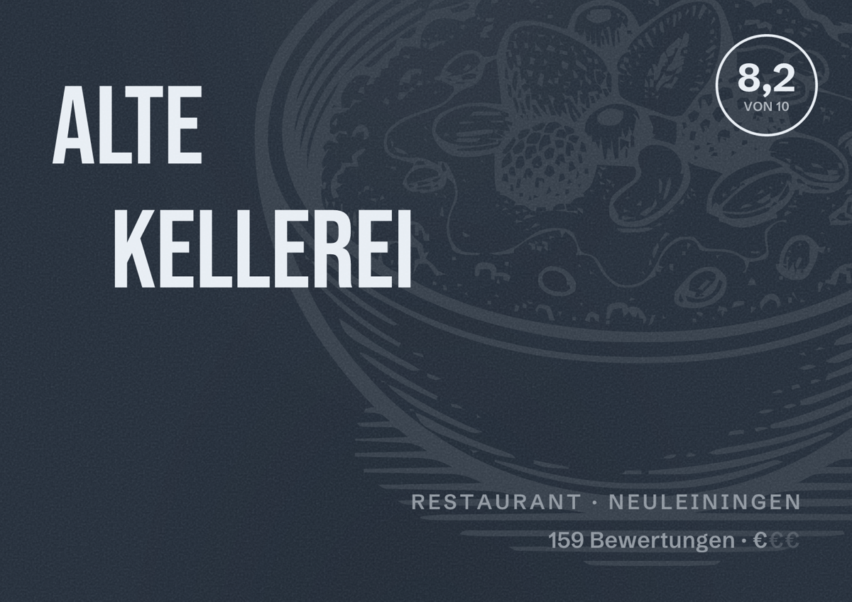 Illustriertes Poster von Alte Kellerei, Restaurant in Neuleiningen: Bewertung 8,2 von 10 aus 159 Bewertungen, Preisniveau €