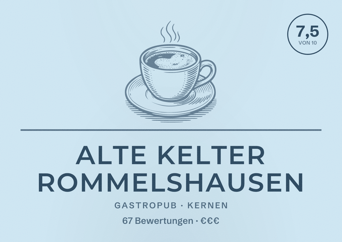 Illustriertes Poster von Alte Kelter Rommelshausen, Gastropub in Kernen: Bewertung 7,5 von 10 aus 67 Bewertungen, Preisniveau €€€