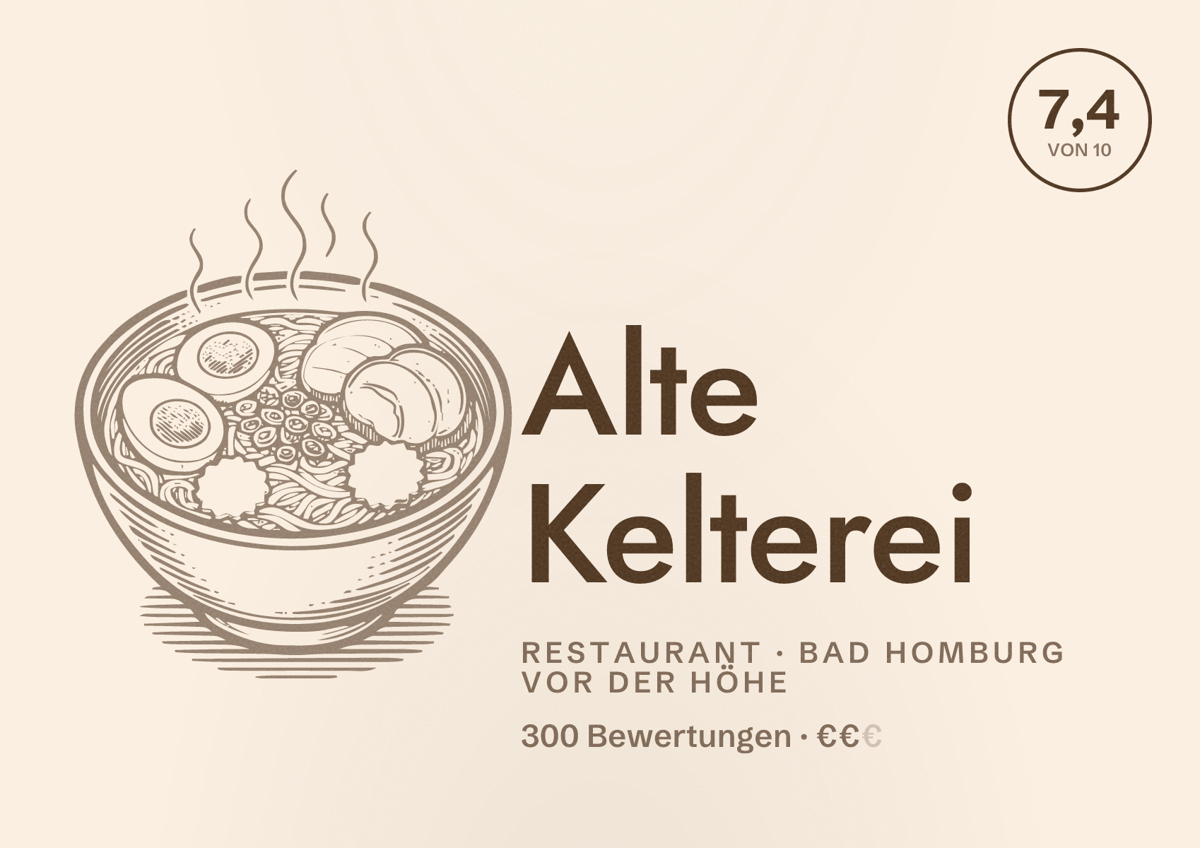 Illustriertes Poster von Alte Kelterei, Restaurant in Bad Homburg vor der Höhe: Bewertung 7,4 von 10 aus 300 Bewertungen, Preisniveau €€