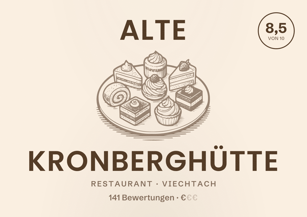 Illustriertes Poster von Alte Kronberghütte, Restaurant in Viechtach: Bewertung 8,5 von 10 aus 141 Bewertungen, Preisniveau €