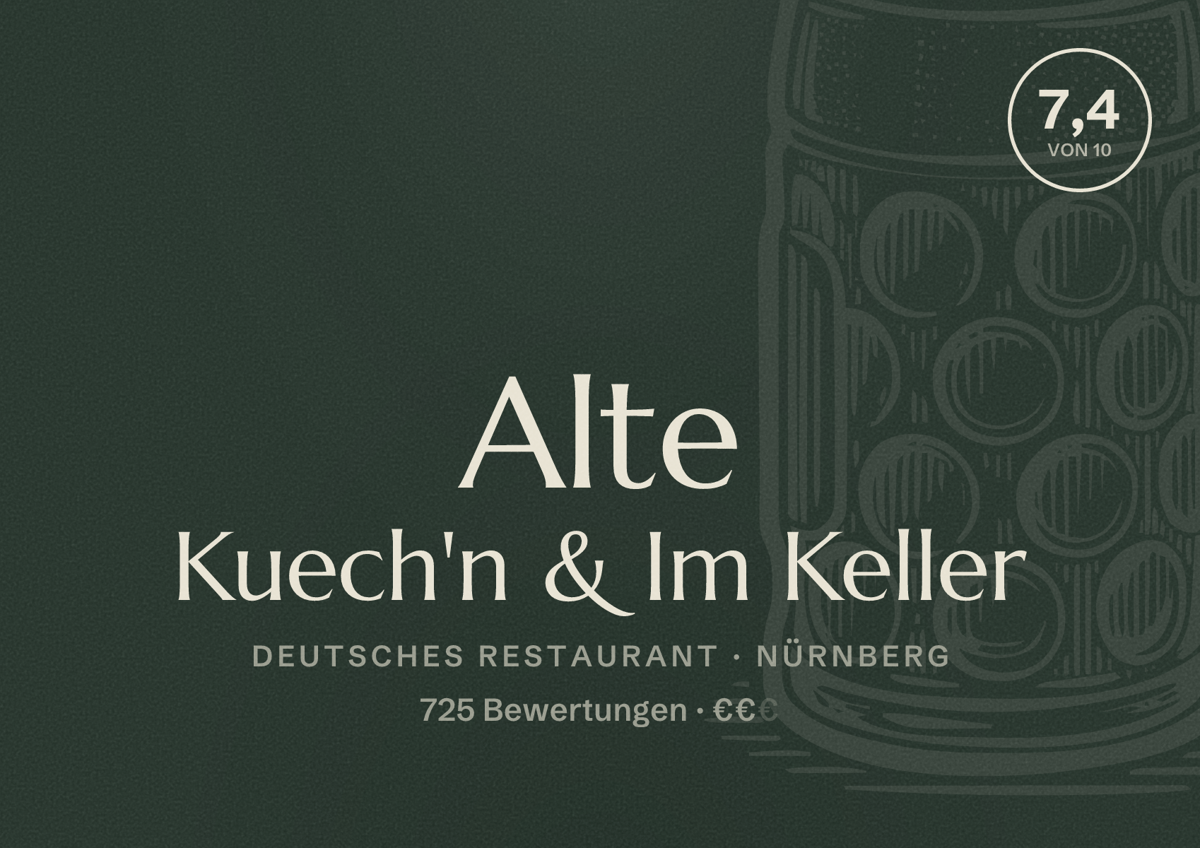Illustriertes Poster von Alte Kuech'n & Im Keller, Deutsches Restaurant in Nürnberg: Bewertung 7,4 von 10 aus 725 Bewertungen, Preisniveau €€