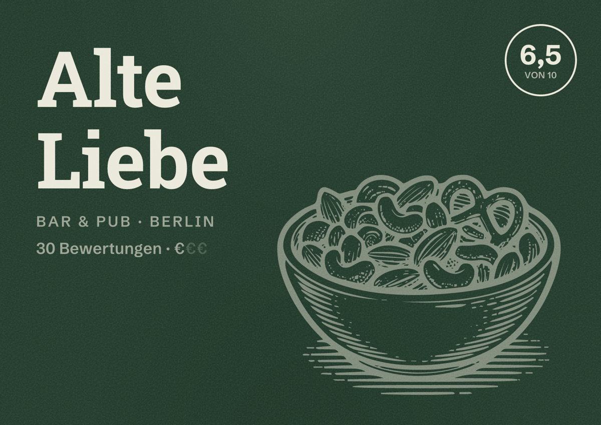 Illustriertes Poster von Alte Liebe, Bar & Pub in Berlin: Bewertung 6,5 von 10 aus 30 Bewertungen, Preisniveau €