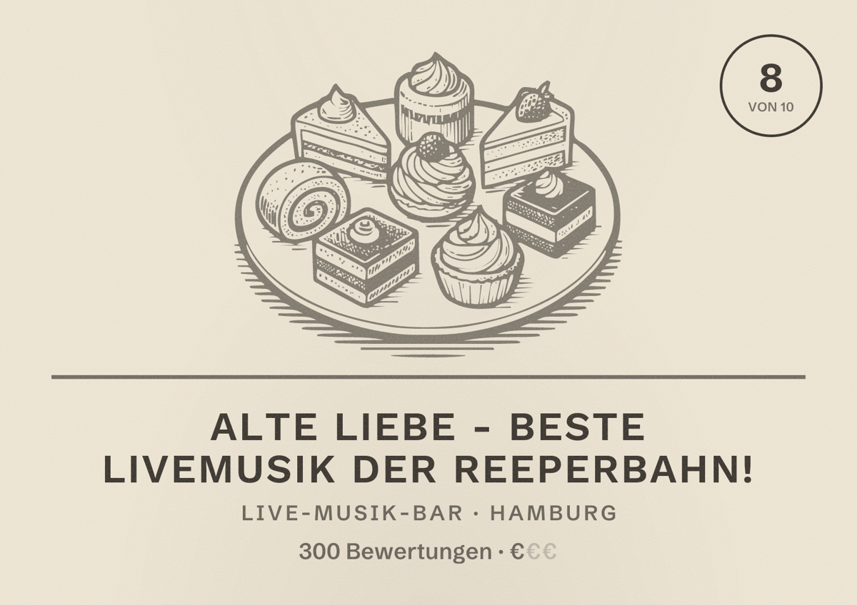 Illustriertes Poster von Alte Liebe - beste Livemusik der Reeperbahn!, Live-Musik-Bar in Hamburg: Bewertung 8,0 von 10 aus 300 Bewertungen, Preisniveau €