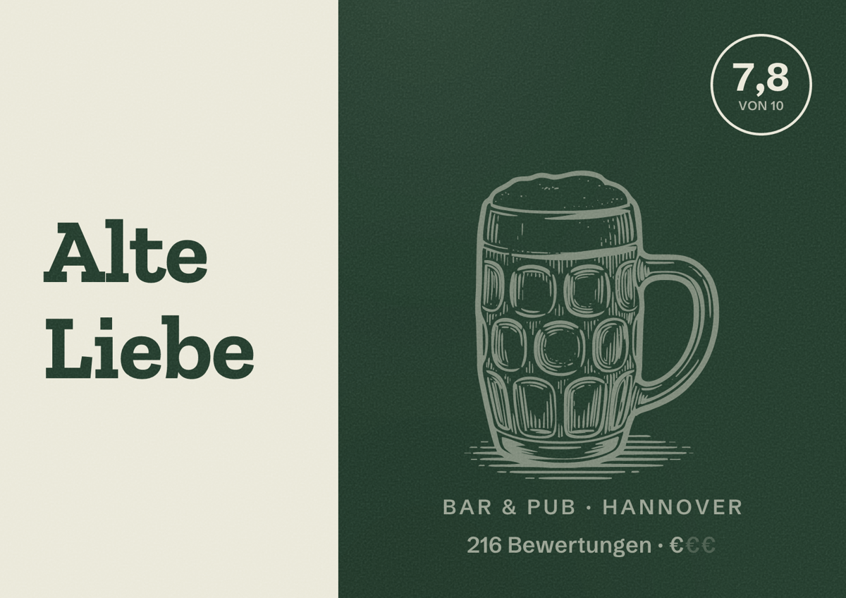 Illustriertes Poster von Alte Liebe, Bar & Pub in Hannover: Bewertung 7,8 von 10 aus 216 Bewertungen, Preisniveau €