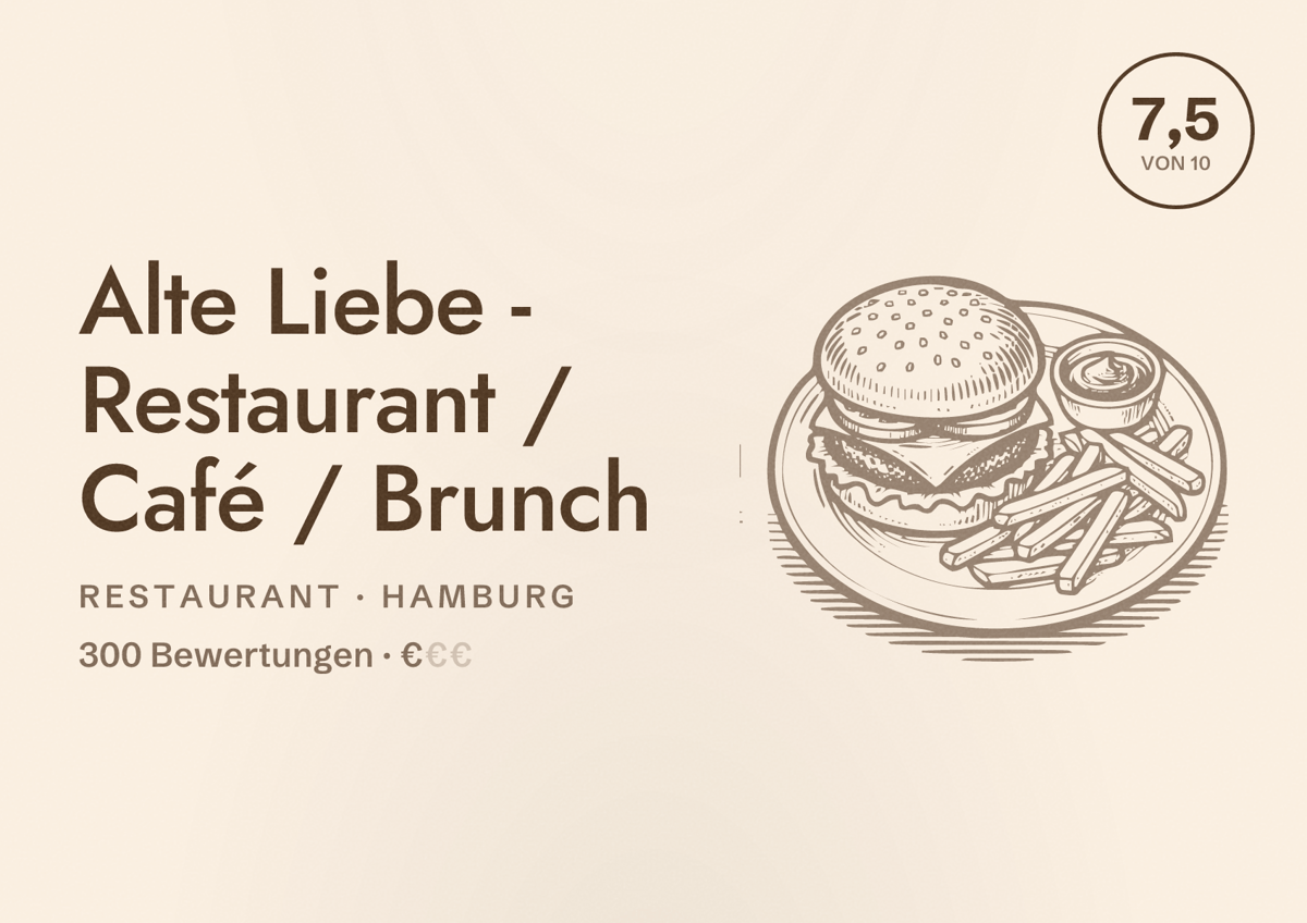 Illustriertes Poster von Alte Liebe - Restaurant / Café / Brunch, Restaurant in Hamburg: Bewertung 7,5 von 10 aus 300 Bewertungen, Preisniveau €