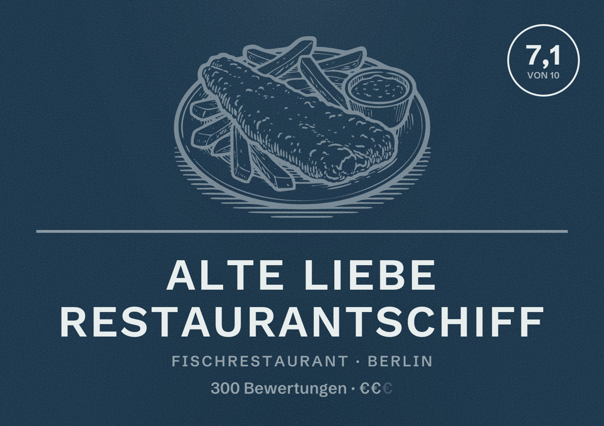 Illustriertes Poster von Alte Liebe Restaurantschiff, Fischrestaurant in Berlin: Bewertung 7,1 von 10 aus 300 Bewertungen, Preisniveau €€