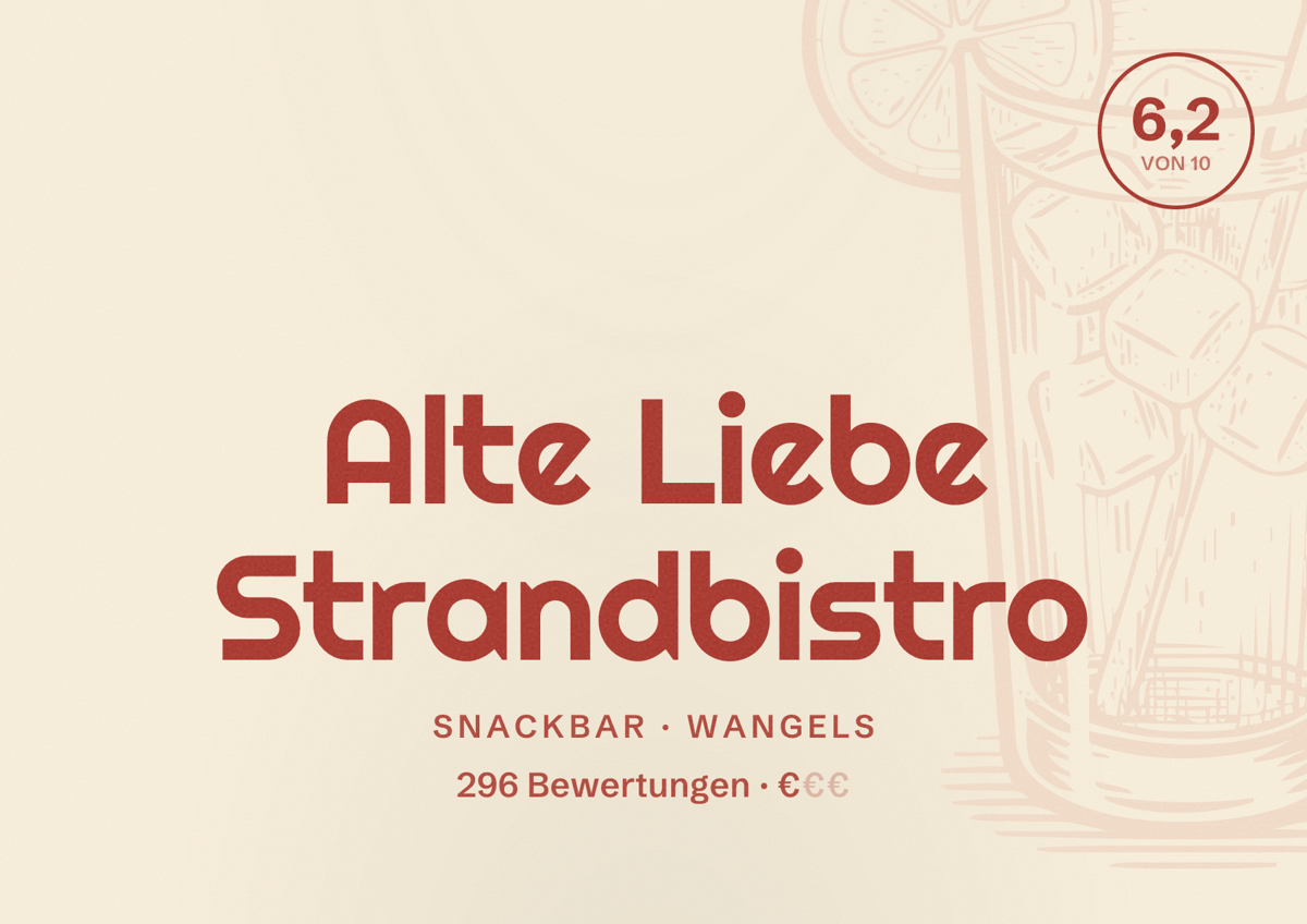Illustriertes Poster von Alte Liebe Strandbistro, Snackbar in Wangels: Bewertung 6,2 von 10 aus 296 Bewertungen, Preisniveau €