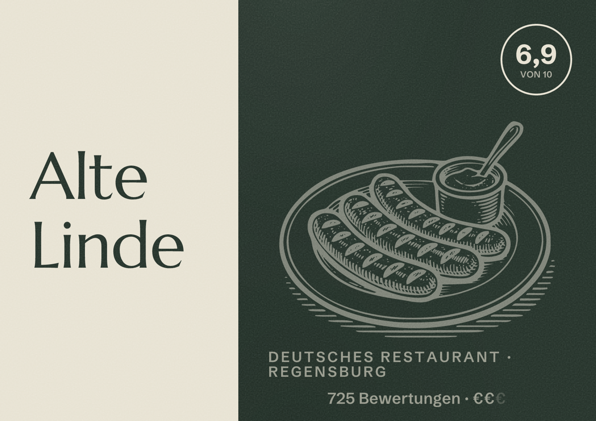 Illustriertes Poster von Alte Linde, Deutsches Restaurant in Regensburg: Bewertung 6,9 von 10 aus 725 Bewertungen, Preisniveau €€