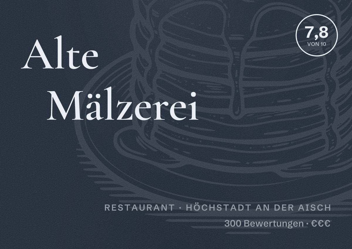 Illustriertes Poster von Alte Mälzerei, Restaurant in Höchstadt an der Aisch: Bewertung 7,8 von 10 aus 300 Bewertungen, Preisniveau €€€
