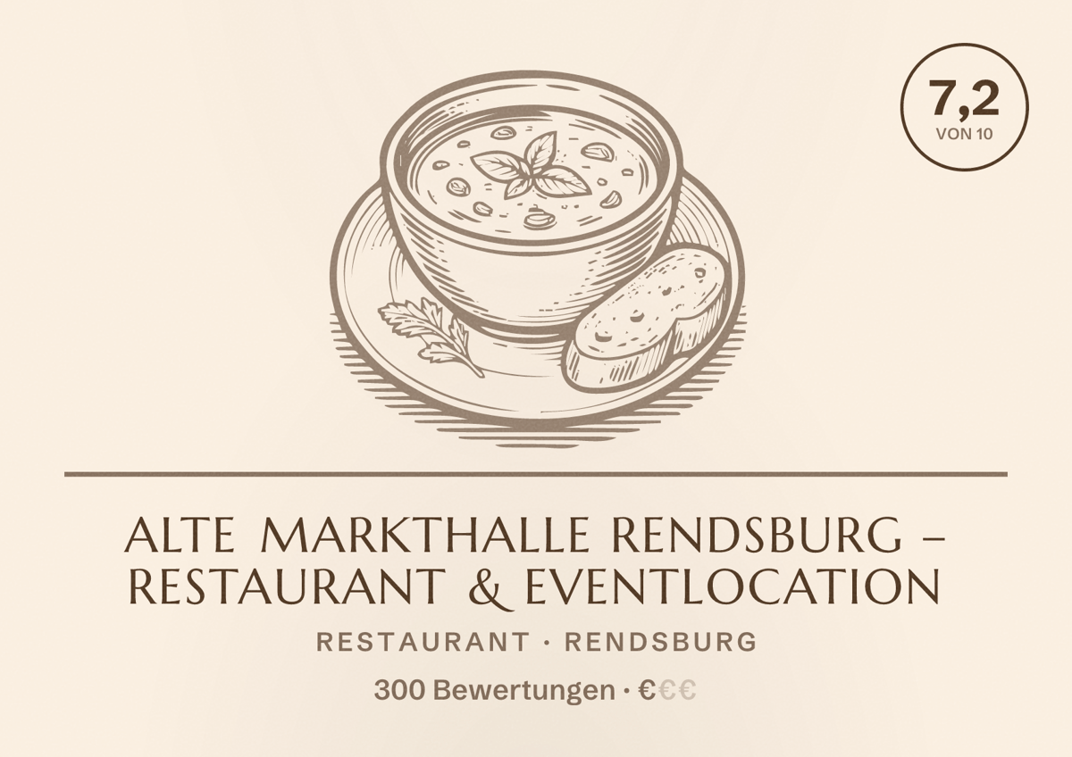Illustriertes Poster von Alte Markthalle Rendsburg – Restaurant & Eventlocation, Restaurant in Rendsburg: Bewertung 7,2 von 10 aus 300 Bewertungen, Preisniveau €