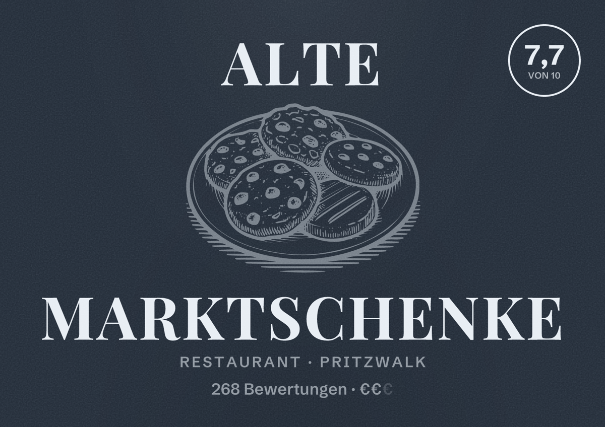 Illustriertes Poster von Alte Marktschenke, Restaurant in Pritzwalk: Bewertung 7,7 von 10 aus 268 Bewertungen, Preisniveau €€