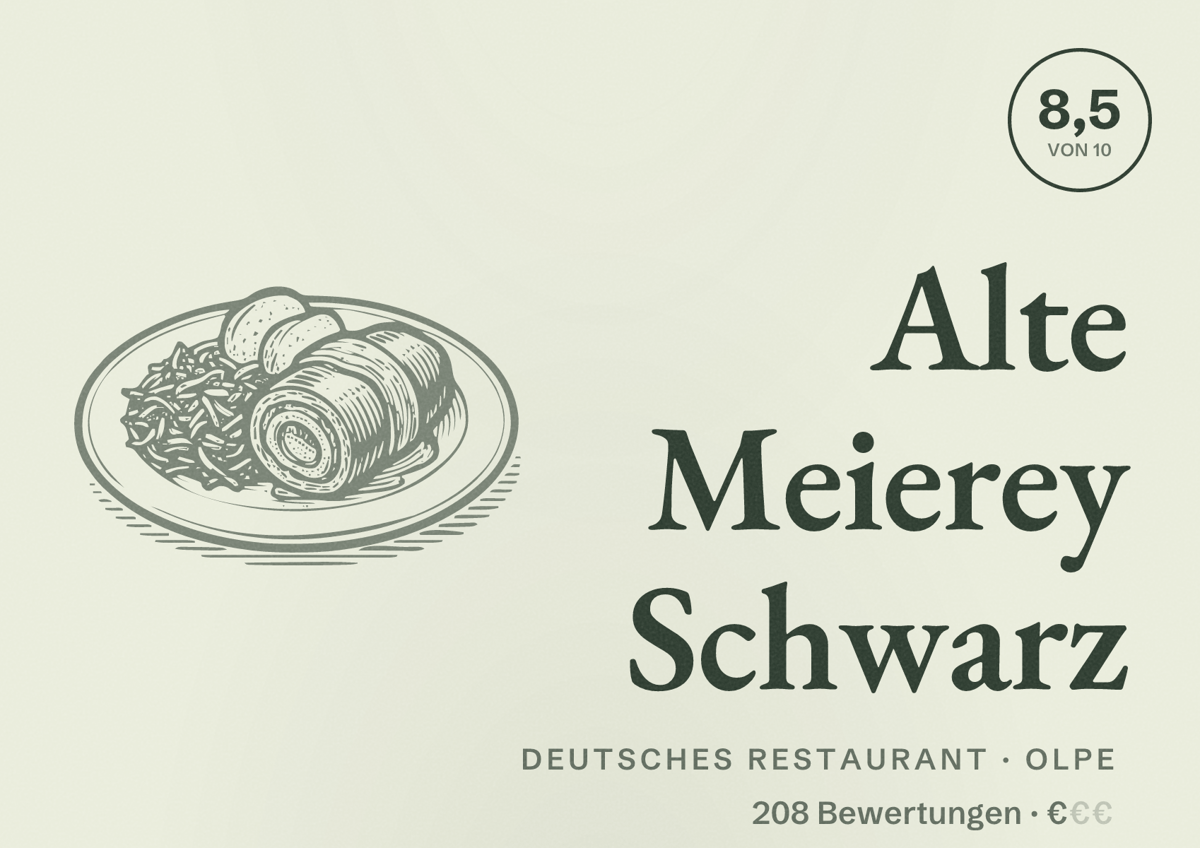 Illustriertes Poster von Alte Meierey Schwarz, Deutsches Restaurant in Olpe: Bewertung 8,5 von 10 aus 208 Bewertungen, Preisniveau €