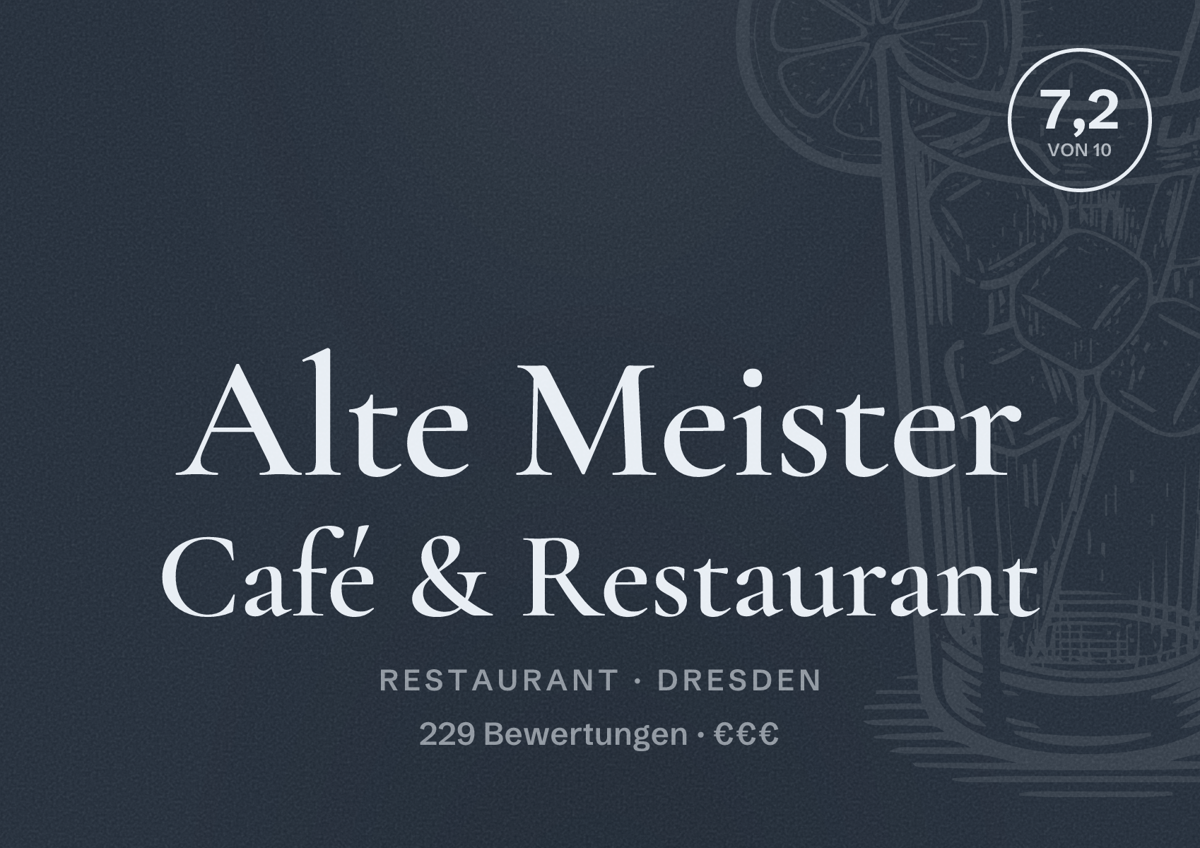 Illustriertes Poster von Alte Meister Café & Restaurant, Restaurant in Dresden: Bewertung 7,2 von 10 aus 229 Bewertungen, Preisniveau €€€