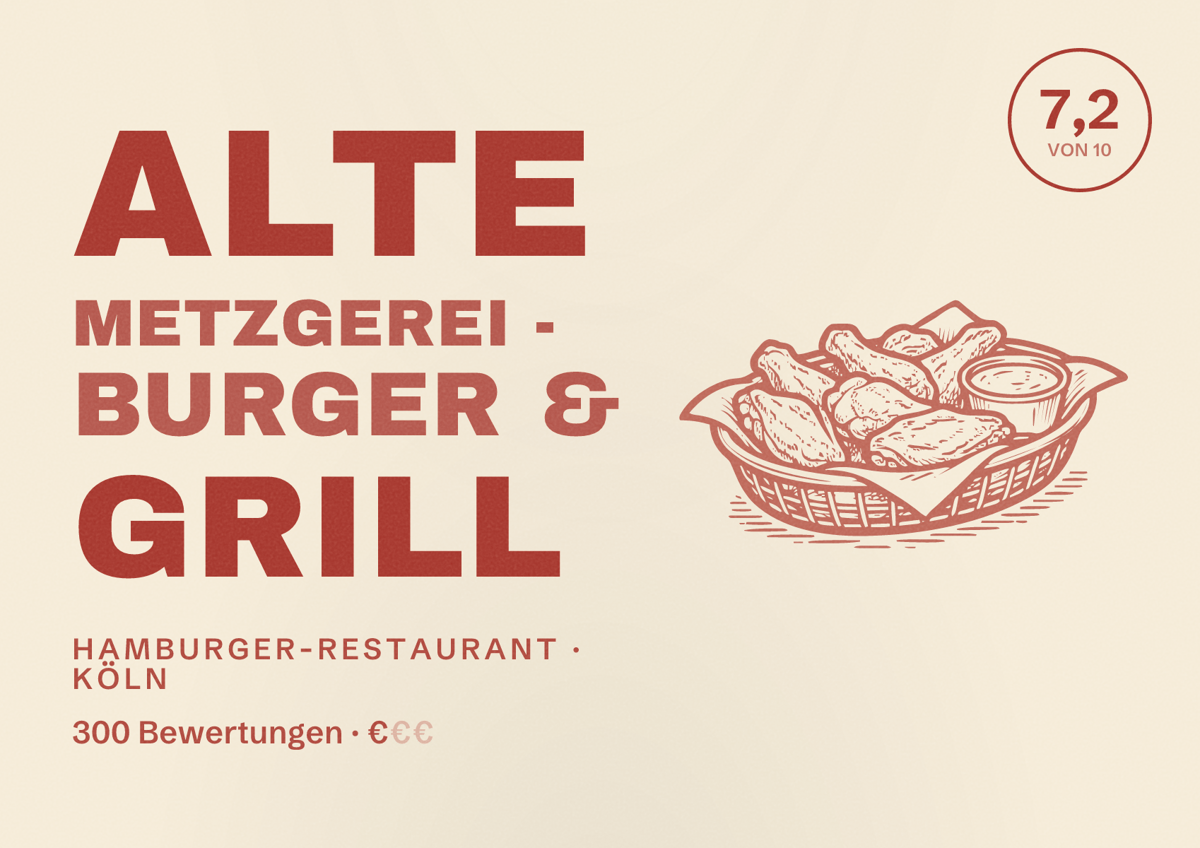 Illustriertes Poster von Alte Metzgerei - Burger & Grill, Hamburger-Restaurant in Köln: Bewertung 7,2 von 10 aus 300 Bewertungen, Preisniveau €