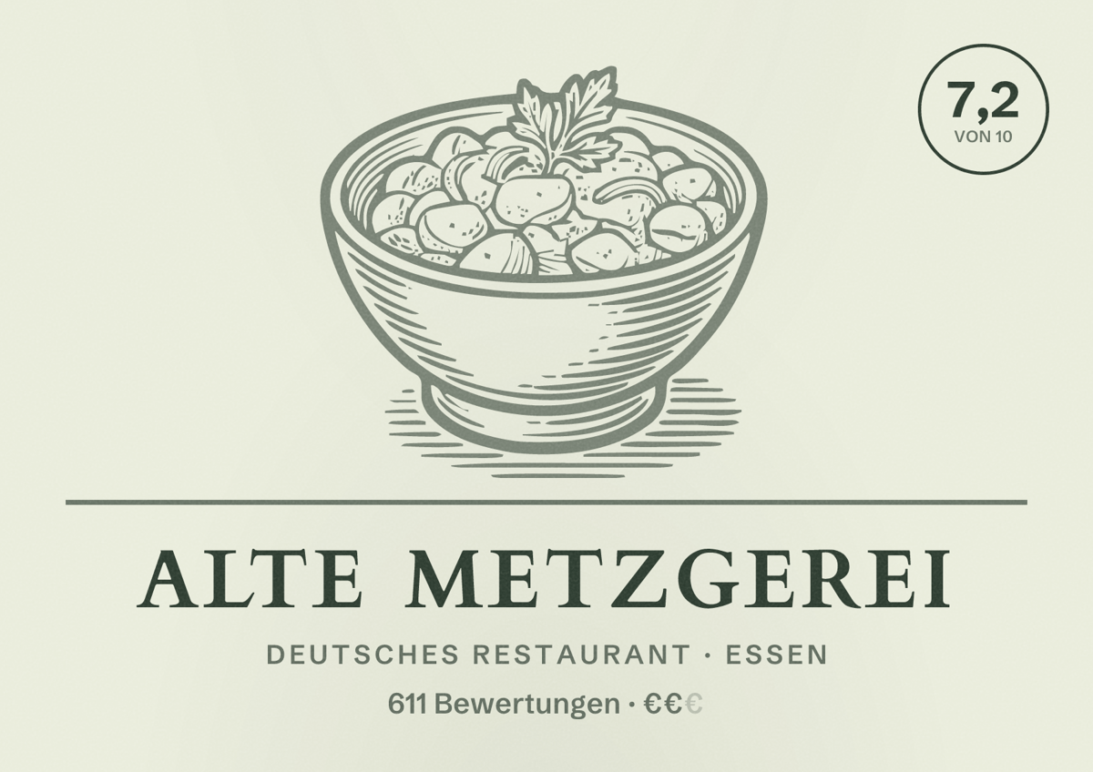 Illustriertes Poster von Alte Metzgerei, Deutsches Restaurant in Essen: Bewertung 7,2 von 10 aus 611 Bewertungen, Preisniveau €€
