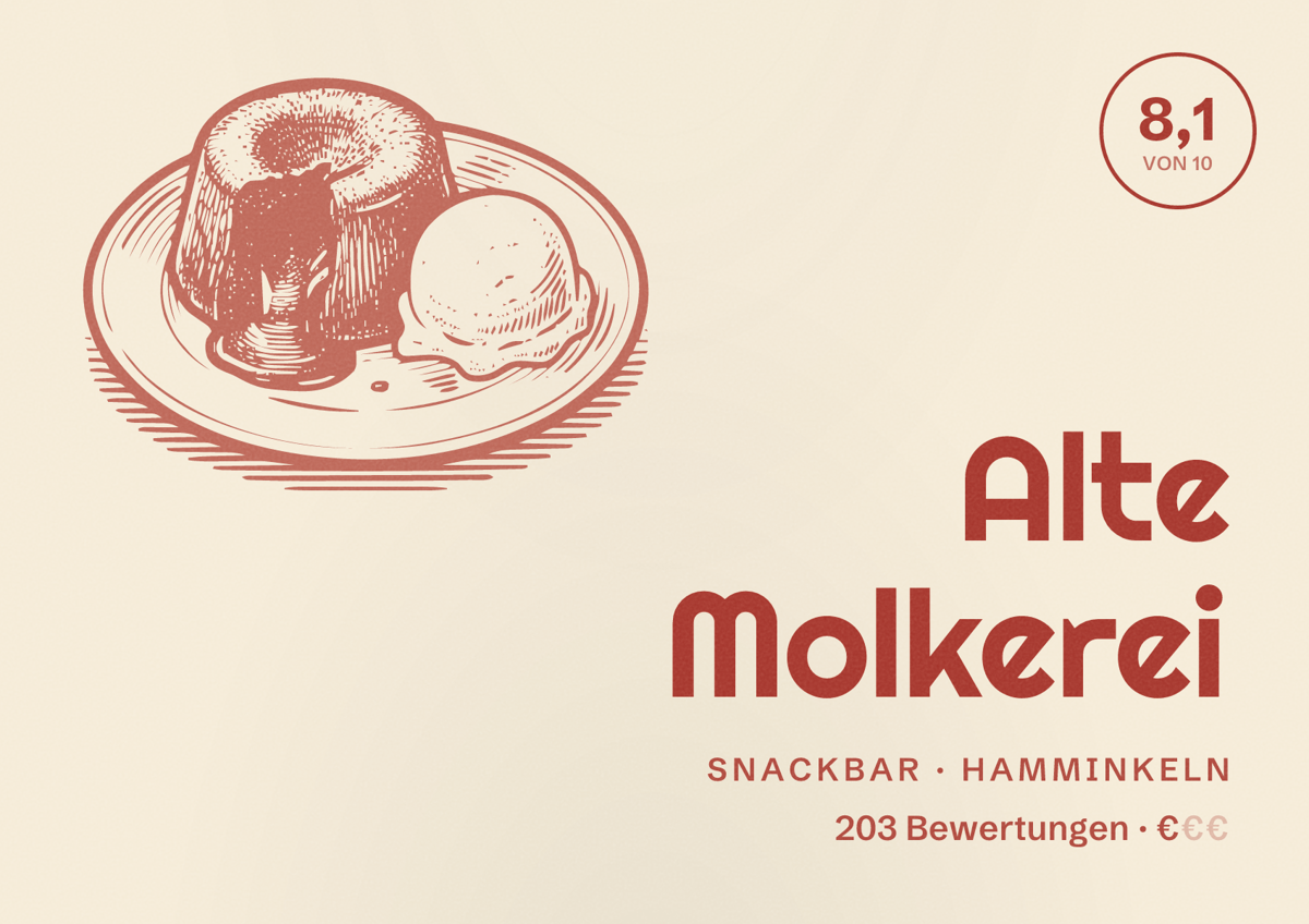 Illustriertes Poster von Alte Molkerei, Snackbar in Hamminkeln: Bewertung 8,1 von 10 aus 203 Bewertungen, Preisniveau €