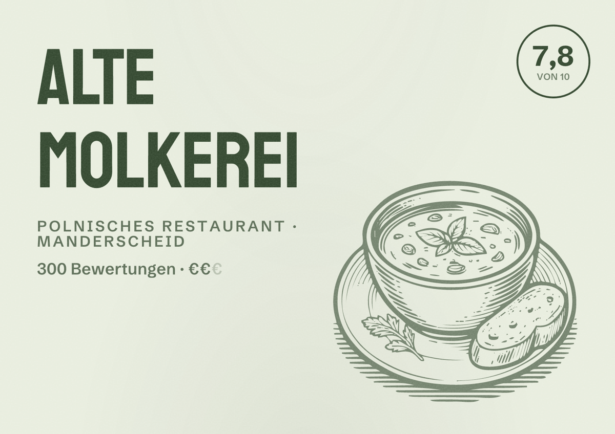 Illustriertes Poster von Alte Molkerei, Polnisches Restaurant in Manderscheid: Bewertung 7,8 von 10 aus 300 Bewertungen, Preisniveau €€