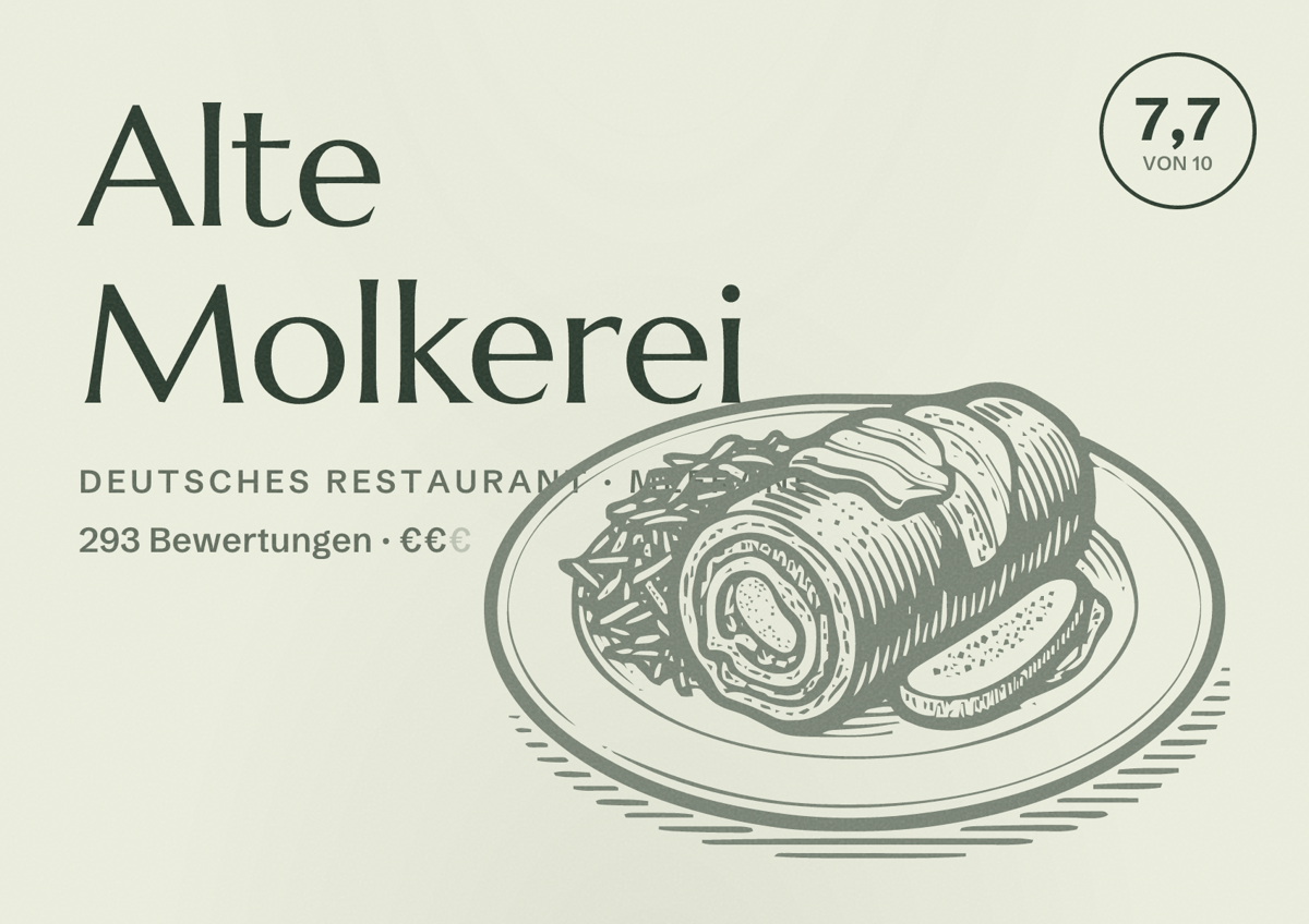 Illustriertes Poster von Alte Molkerei, Deutsches Restaurant in Meerane: Bewertung 7,7 von 10 aus 293 Bewertungen, Preisniveau €€