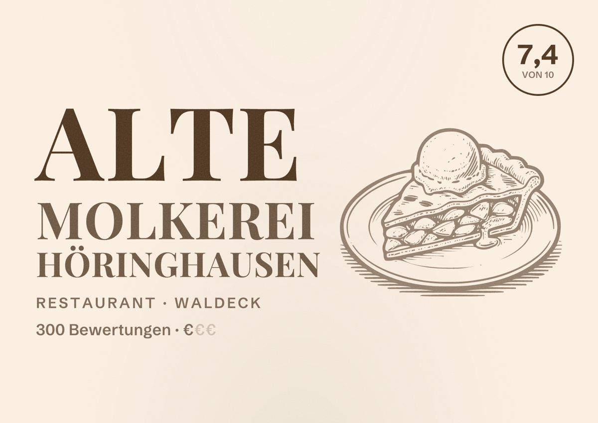 Illustriertes Poster von Alte Molkerei Höringhausen, Restaurant in Waldeck: Bewertung 7,4 von 10 aus 300 Bewertungen, Preisniveau €