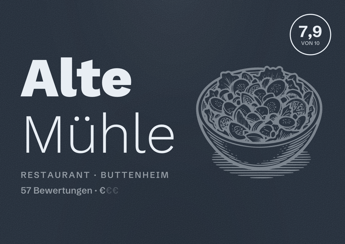 Illustriertes Poster von Alte Mühle, Restaurant in Buttenheim: Bewertung 7,9 von 10 aus 57 Bewertungen, Preisniveau €