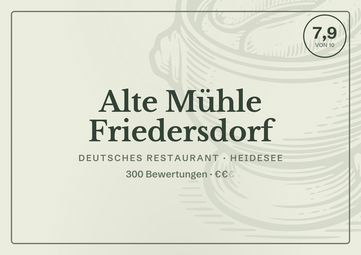 Illustriertes Poster von Alte Mühle Friedersdorf, Deutsches Restaurant in Heidesee: Bewertung 7,9 von 10 aus 300 Bewertungen, Preisniveau €€