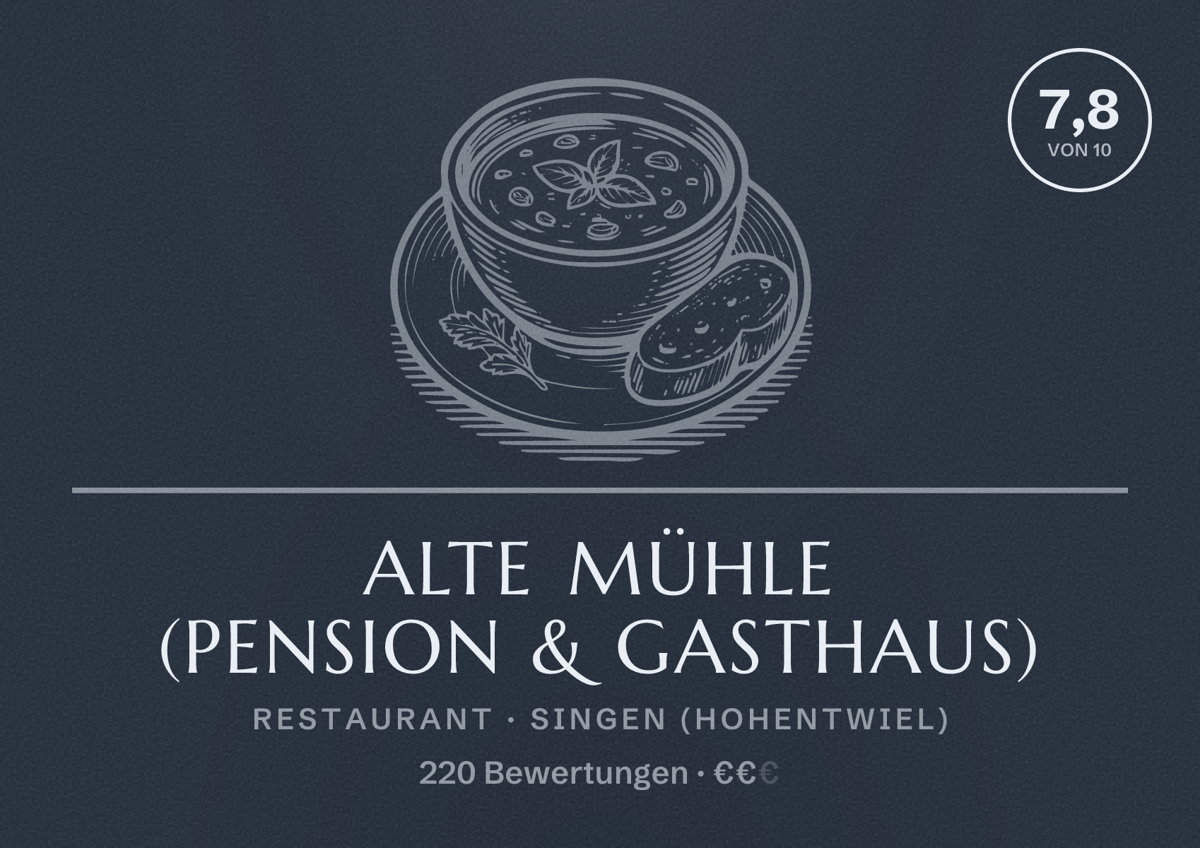 Illustriertes Poster von Alte Mühle (Pension & Gasthaus), Restaurant in Singen (Hohentwiel): Bewertung 7,8 von 10 aus 220 Bewertungen, Preisniveau €€