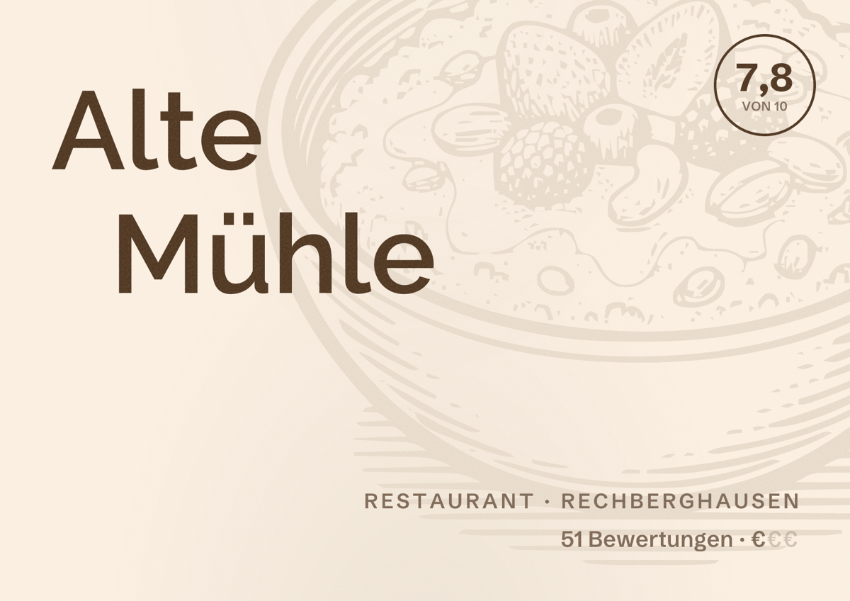 Illustriertes Poster von Alte Mühle, Restaurant in Rechberghausen: Bewertung 7,8 von 10 aus 51 Bewertungen, Preisniveau €