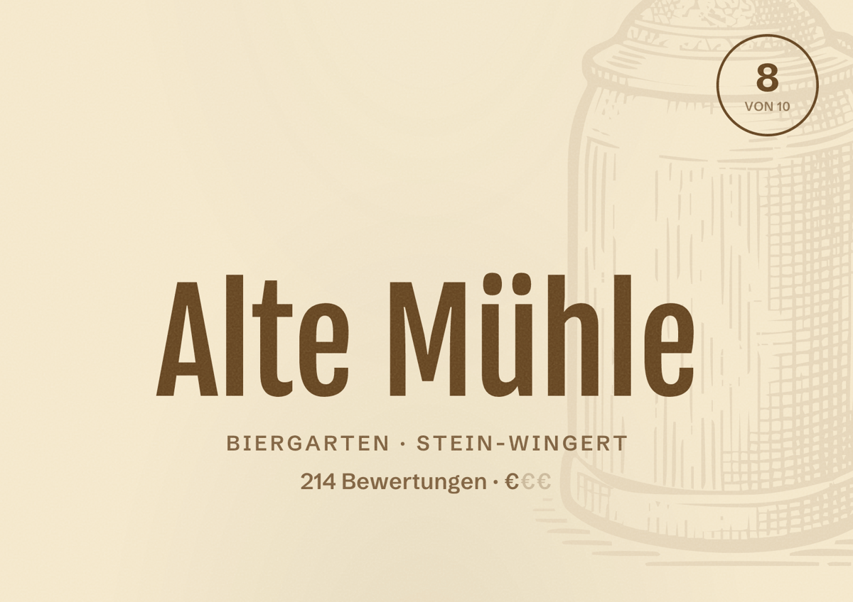 Illustriertes Poster von Alte Mühle, Biergarten in Stein-Wingert: Bewertung 8 von 10 aus 214 Bewertungen, Preisniveau €