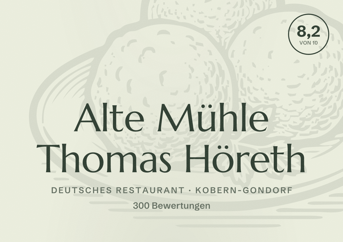 Illustriertes Poster von Alte Mühle Thomas Höreth, Deutsches Restaurant in Kobern-Gondorf: Bewertung 8,2 von 10 aus 300 Bewertungen