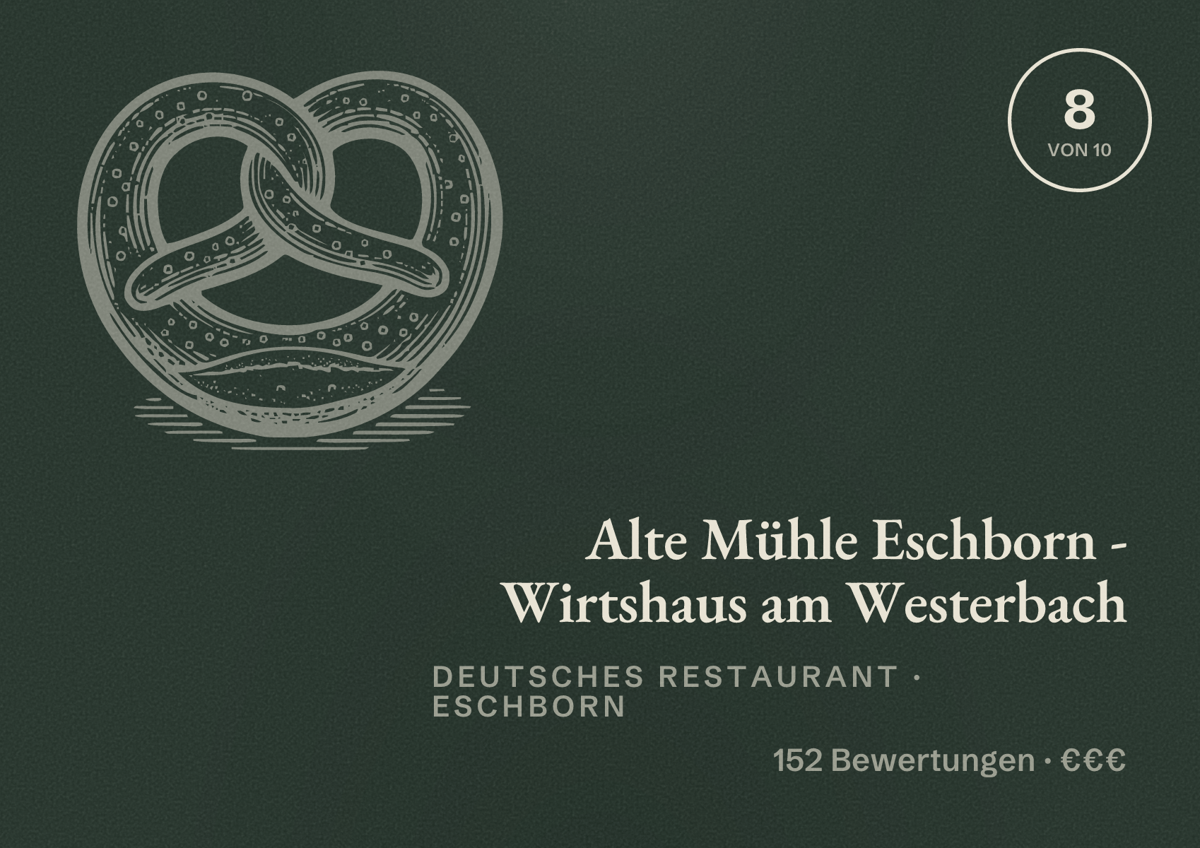 Illustriertes Poster von Alte Mühle Eschborn - Wirtshaus am Westerbach, Deutsches Restaurant in Eschborn: Bewertung 8 von 10 aus 152 Bewertungen, Preisniveau €€€