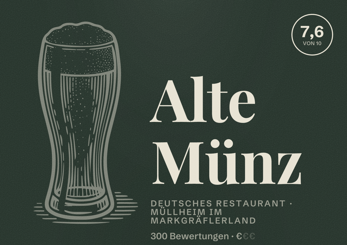 Illustriertes Poster von Alte Münz, Deutsches Restaurant in Müllheim im Markgräflerland: Bewertung 7,6 von 10 aus 300 Bewertungen, Preisniveau €