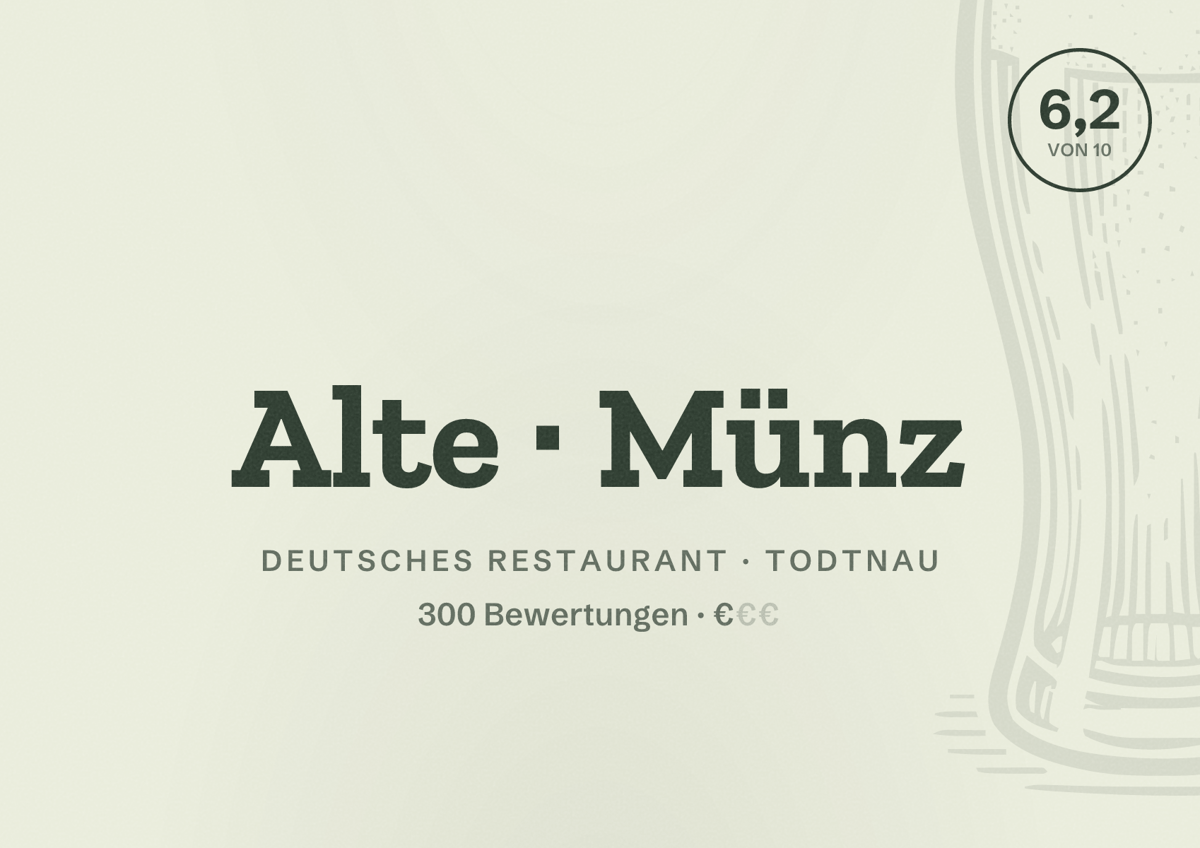 Illustriertes Poster von Alte Münz, Deutsches Restaurant in Todtnau: Bewertung 6,2 von 10 aus 300 Bewertungen, Preisniveau €