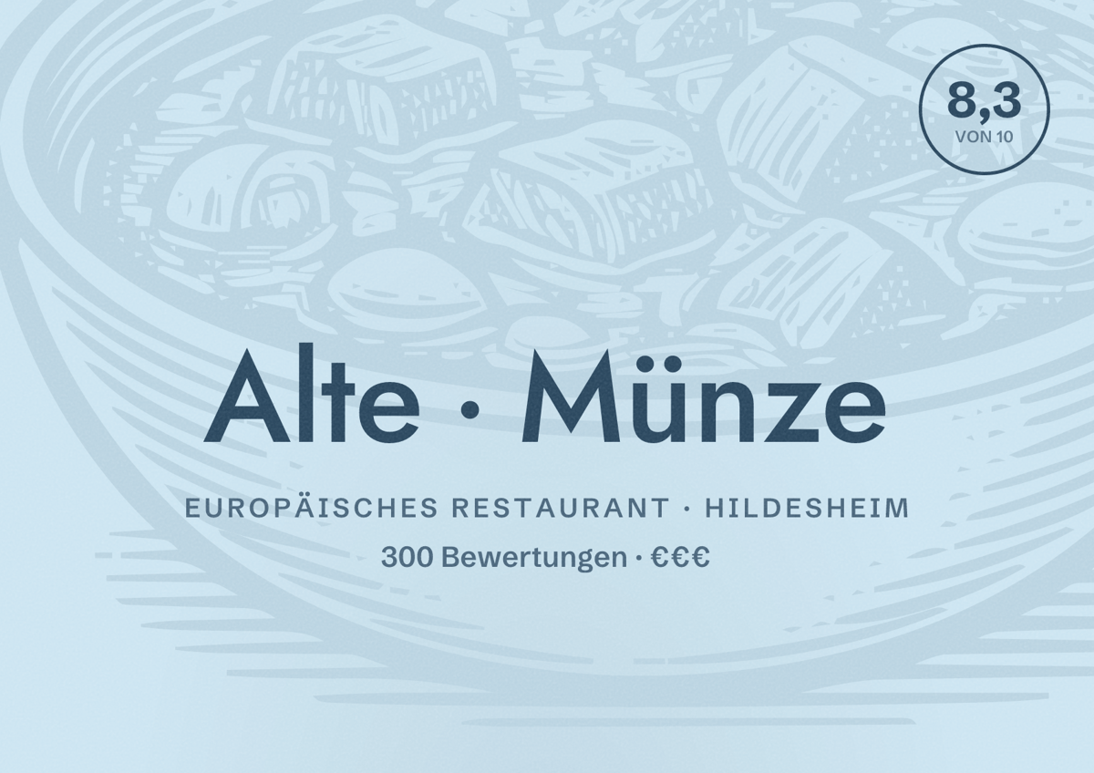 Illustriertes Poster von Alte Münze, Europäisches Restaurant in Hildesheim: Bewertung 8,3 von 10 aus 300 Bewertungen, Preisniveau €€€