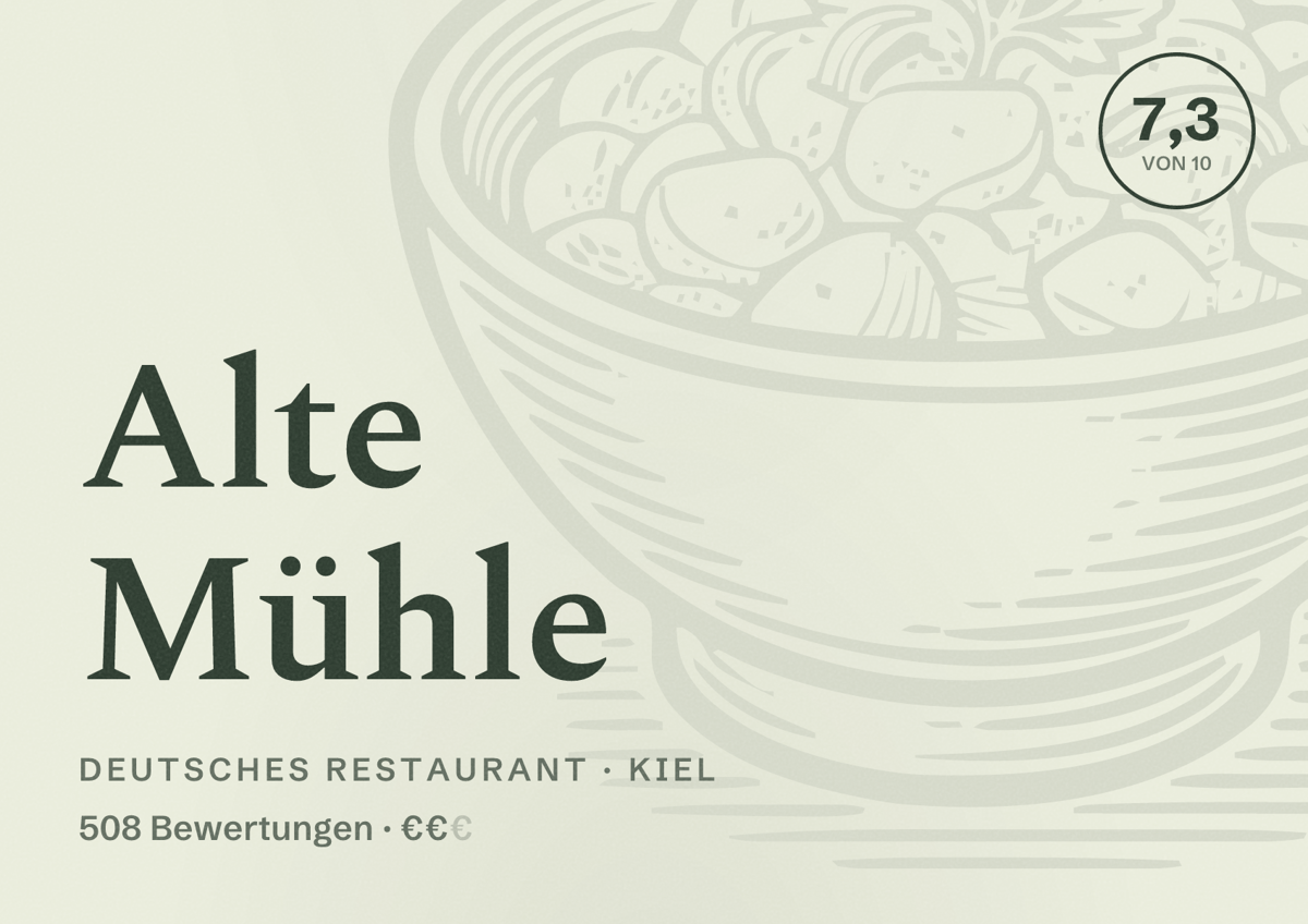 Illustriertes Poster von Alte Mühle, Deutsches Restaurant in Kiel: Bewertung 7,3 von 10 aus 508 Bewertungen, Preisniveau €€