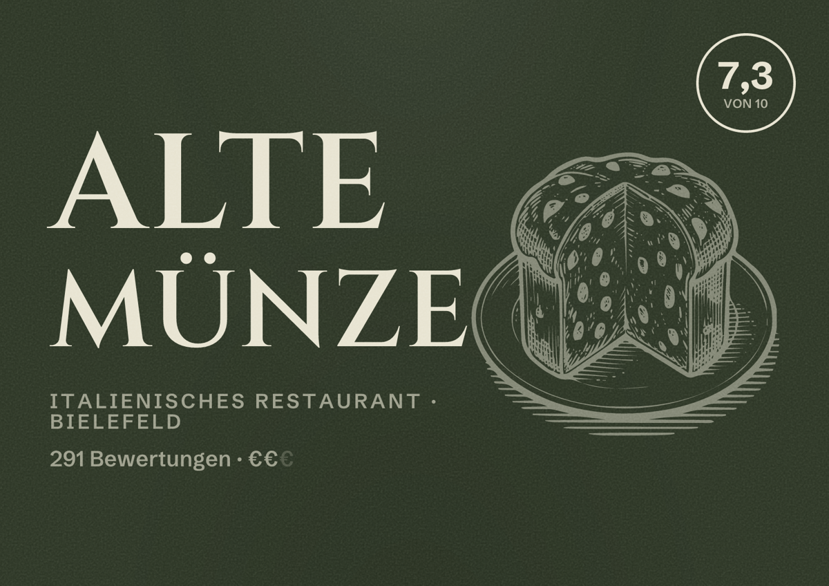 Illustriertes Poster von Alte Münze, Italienisches Restaurant in Bielefeld: Bewertung 7,3 von 10 aus 291 Bewertungen, Preisniveau €€