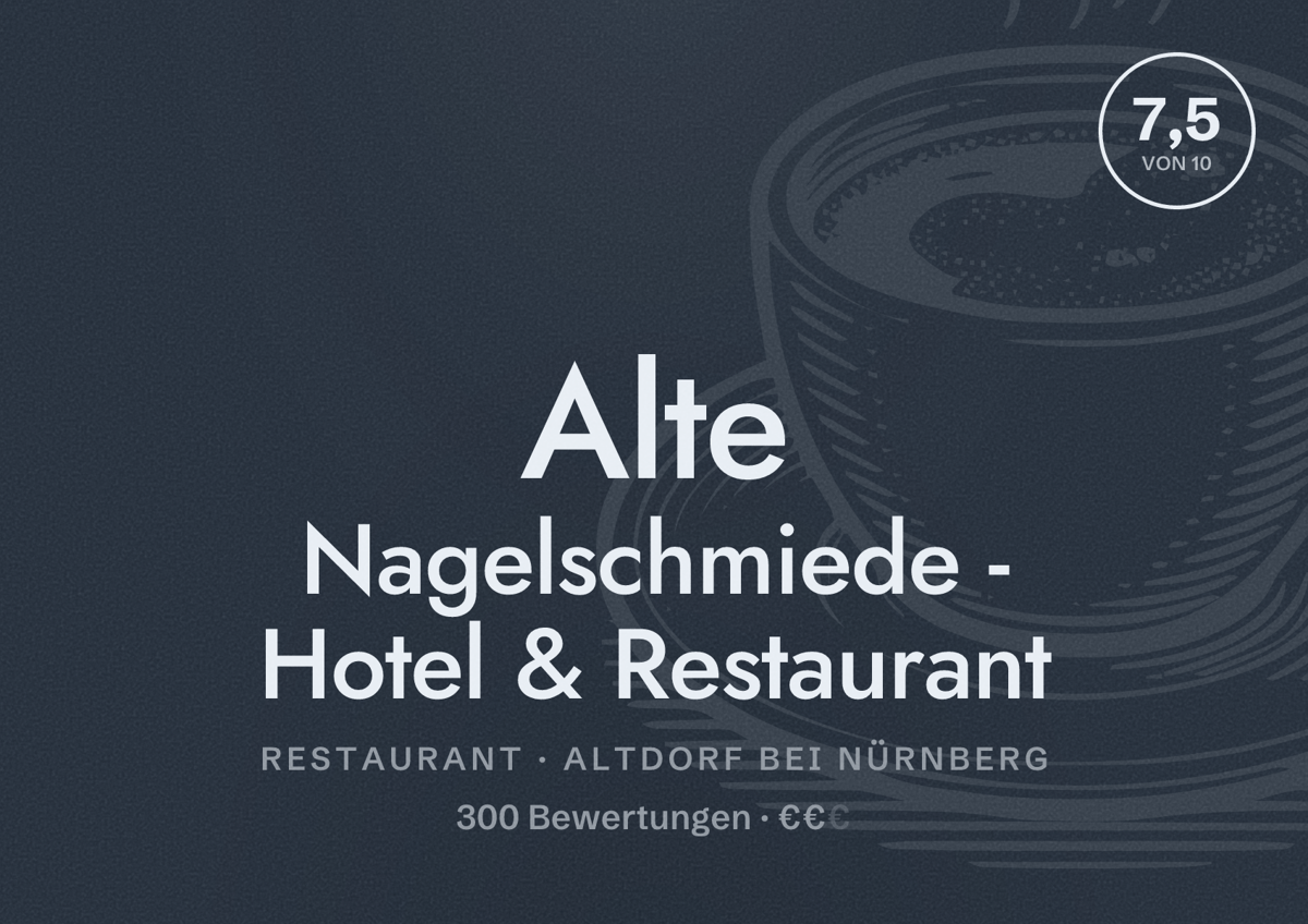 Illustriertes Poster von Alte Nagelschmiede - Hotel & Restaurant, Restaurant in Altdorf bei Nürnberg: Bewertung 7,5 von 10 aus 300 Bewertungen, Preisniveau €€