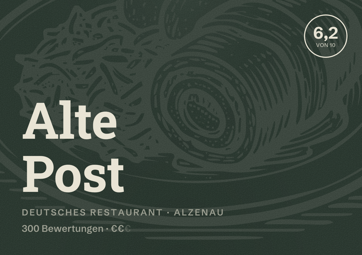 Illustriertes Poster von Alte Post, Deutsches Restaurant in Alzenau: Bewertung 6,2 von 10 aus 300 Bewertungen, Preisniveau €€