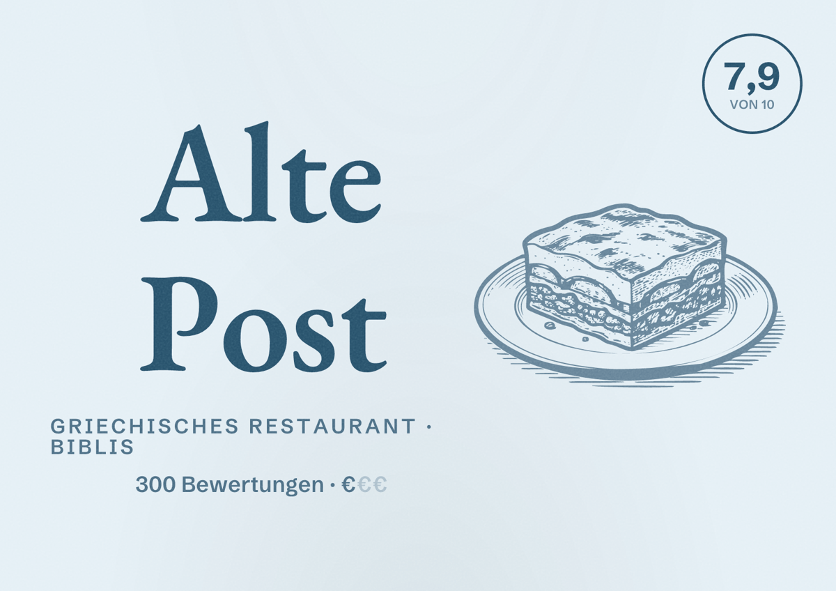 Illustriertes Poster von Alte Post, Griechisches Restaurant in Biblis: Bewertung 7,9 von 10 aus 300 Bewertungen, Preisniveau €