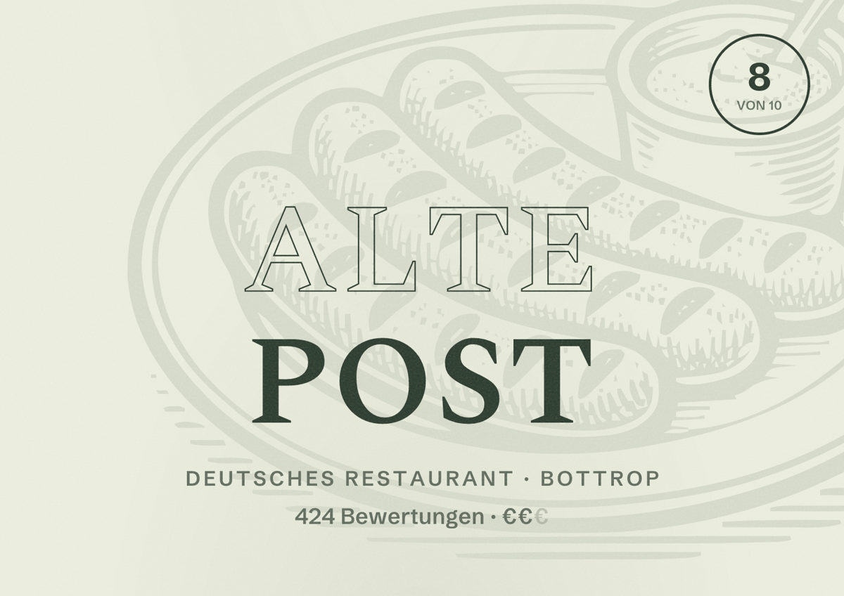 Illustriertes Poster von Alte Post, Deutsches Restaurant in Bottrop: Bewertung 8,0 von 10 aus 424 Bewertungen, Preisniveau €€