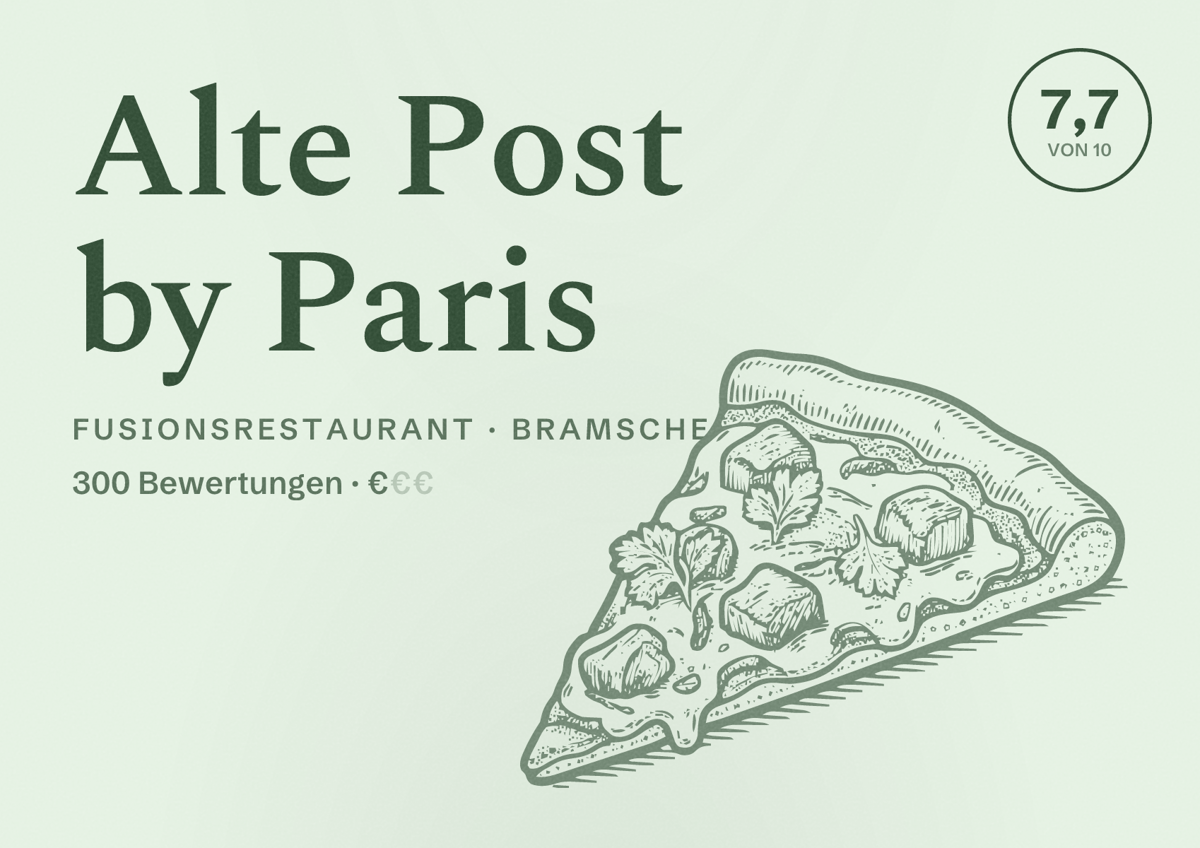 Illustriertes Poster von Alte Post by Paris, Fusionsrestaurant in Bramsche: Bewertung 7,7 von 10 aus 300 Bewertungen, Preisniveau €