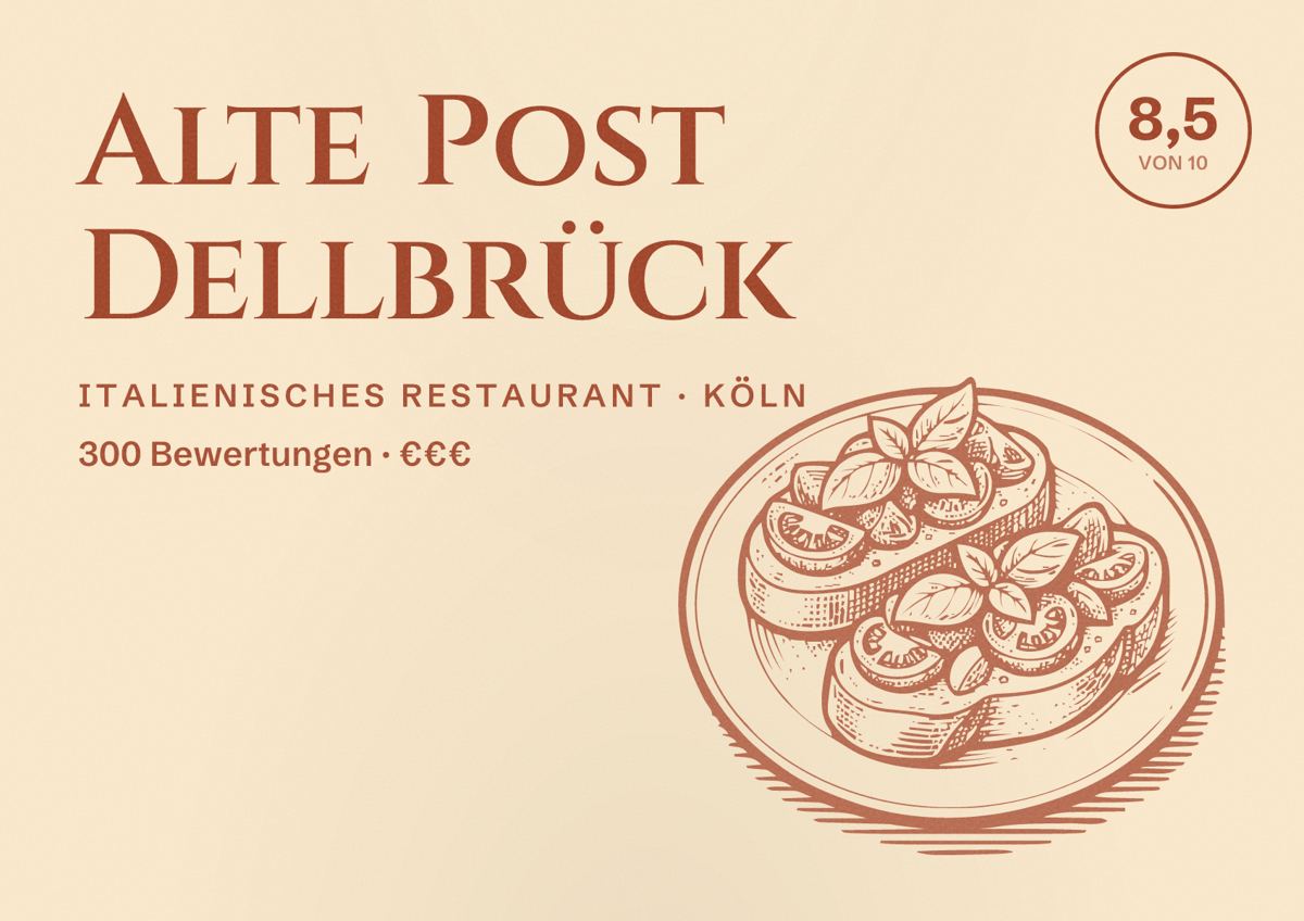 Illustriertes Poster von Alte Post Dellbrück, Italienisches Restaurant in Köln: Bewertung 8,5 von 10 aus 300 Bewertungen, Preisniveau €€€