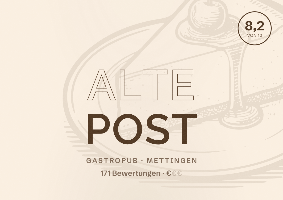 Illustriertes Poster von Alte Post, Gastropub in Mettingen: Bewertung 8,2 von 10 aus 171 Bewertungen, Preisniveau €